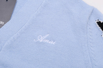 AMIRI Cotton V-Neck Bones Cardigan Sweater Blue